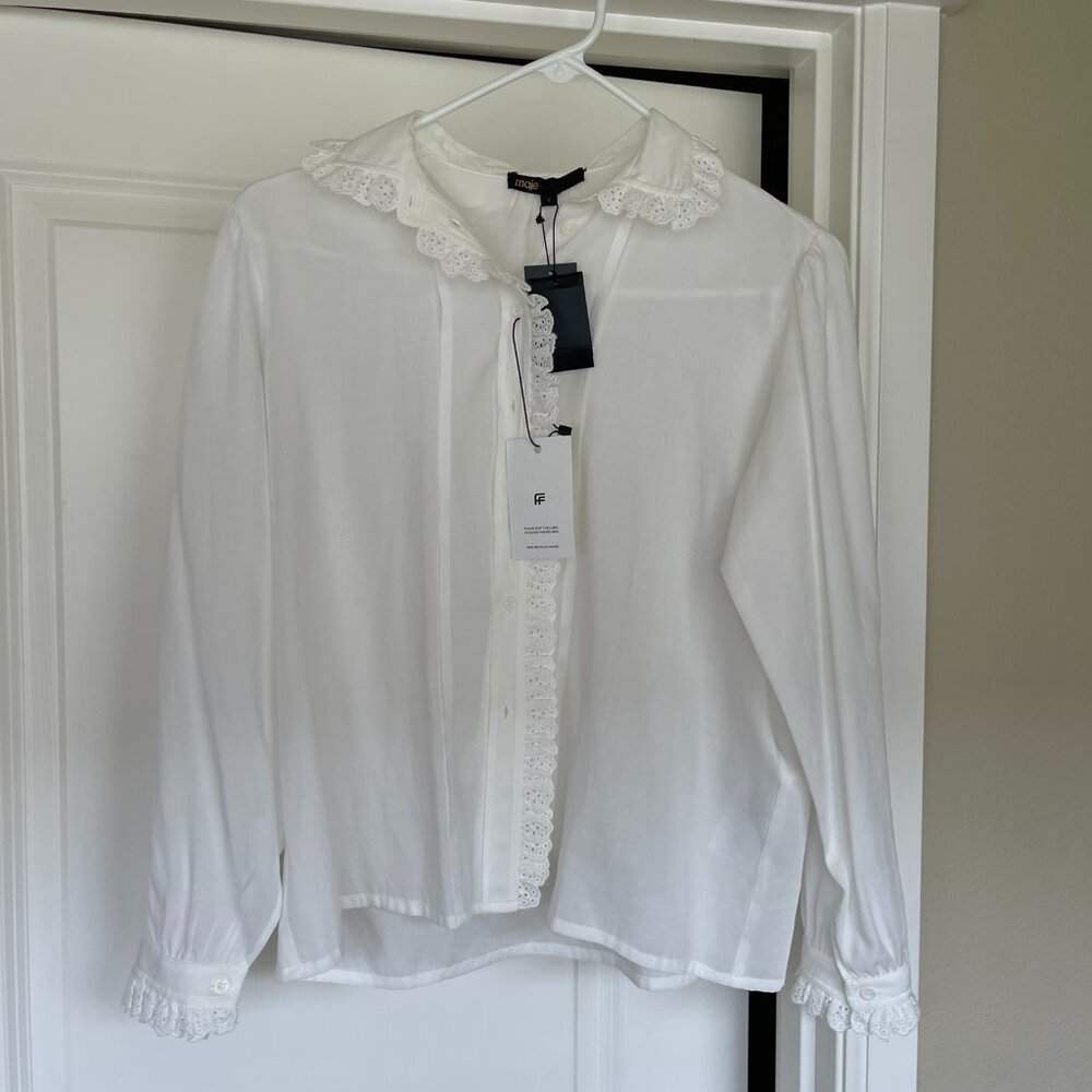 Maje White Blouse with Lace Peter Pan Collar and Cuffs NWT